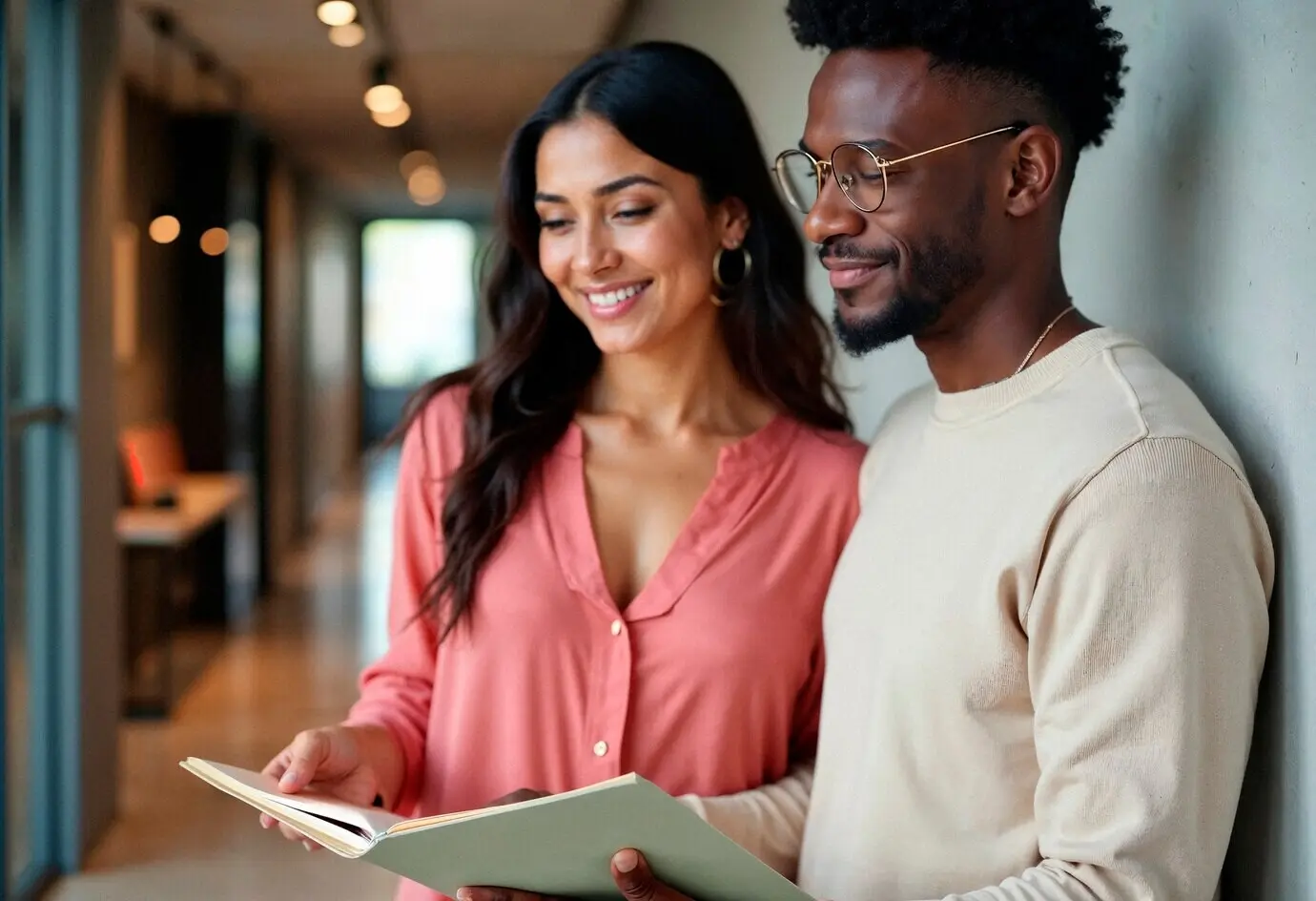 Пара в офисе смотрит на книгу.