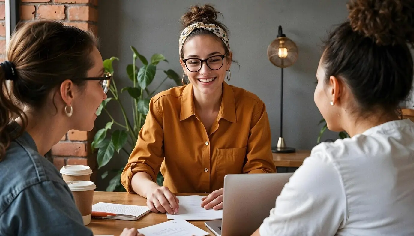Женщины обсуждают проект в стильной комнате, залитой светом.